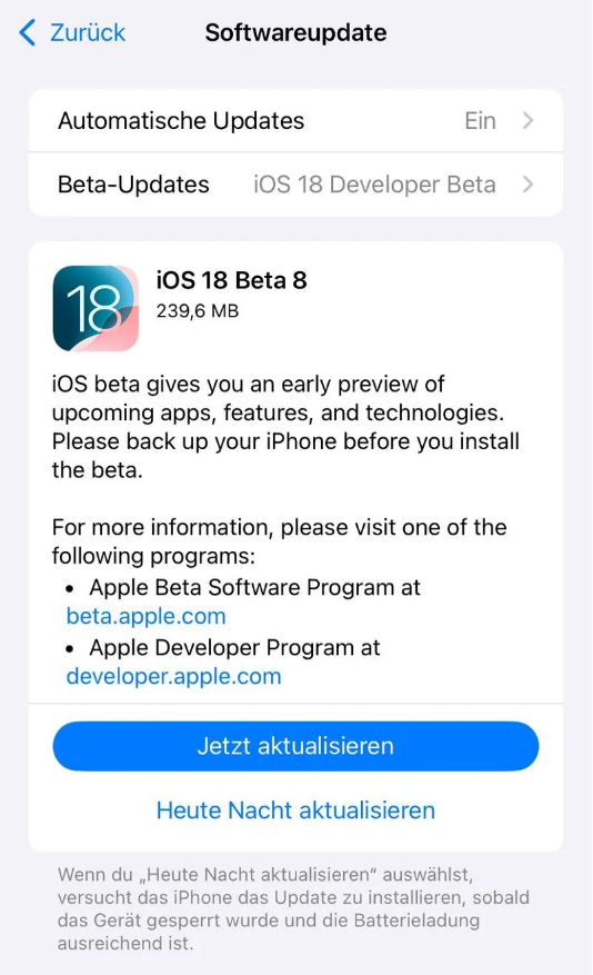 加乐镇苹果手机维修分享苹果 iOS / iPadOS 18 开发者预览版 Beta 8 发布 